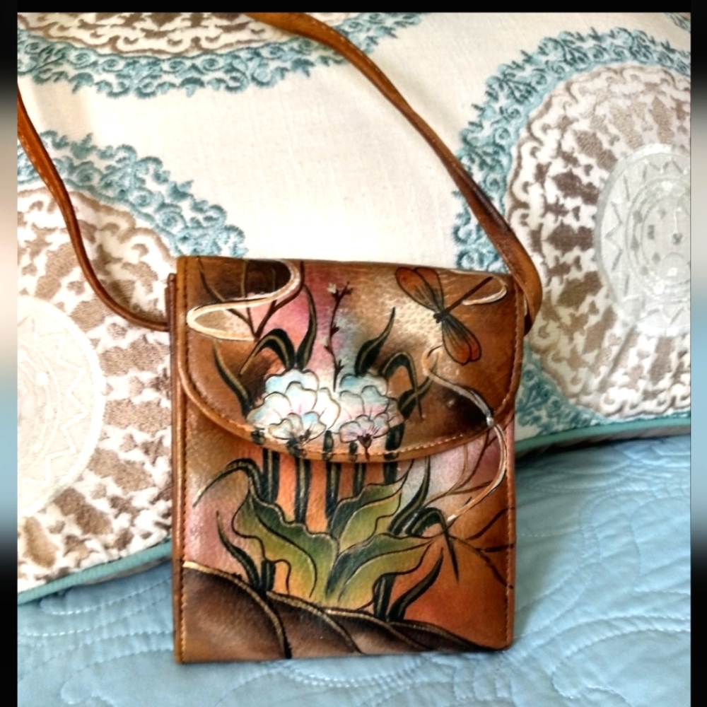 Vintage 1960s Rare Brit Rosen Hand Painted Leather Crossbody purse SIGNED